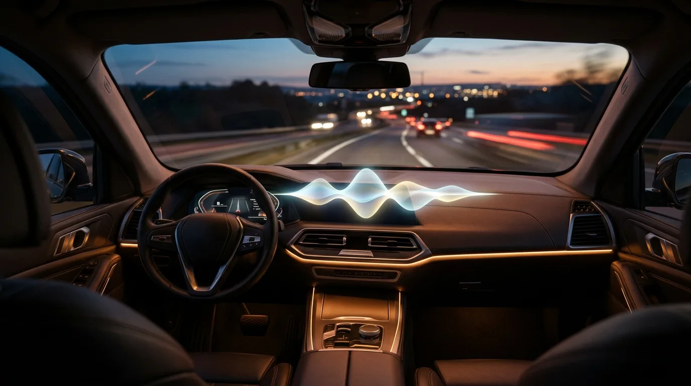 Blick aus einem Auto-Innenraum bei Dämmerung, über dem Armaturenbrett eine leuchtende Soundwelle als Sinnbild für ein KI-Gespräch