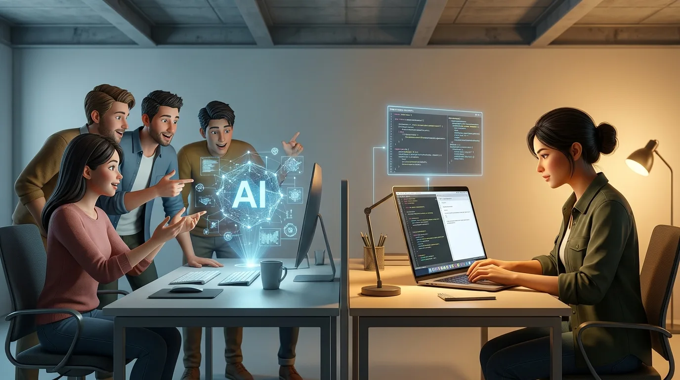 Zwei Arbeitsweisen im Vergleich: eine Gruppe diskutiert aufgeregt vor einem KI-Symbol, während eine Person konzentriert am Laptop arbeitet
