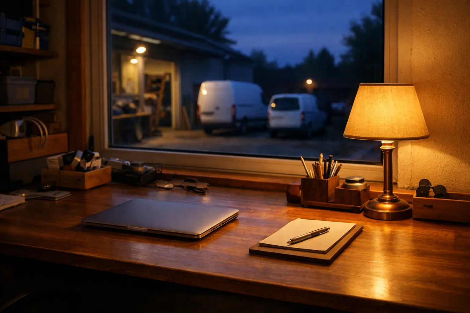 Aufgeräumter Schreibtisch mit zugeklapptem Laptop bei warmem Lampenlicht am Feierabend, durch das Fenster der Werkstatthof in der Dämmerung