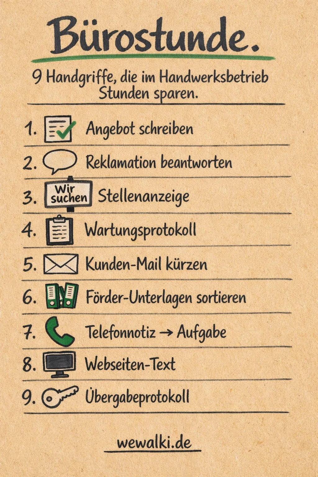 Handgezeichnete Infografik auf Kraftpapier mit den neun Büroaufgaben von Angebot schreiben bis Übergabeprotokoll