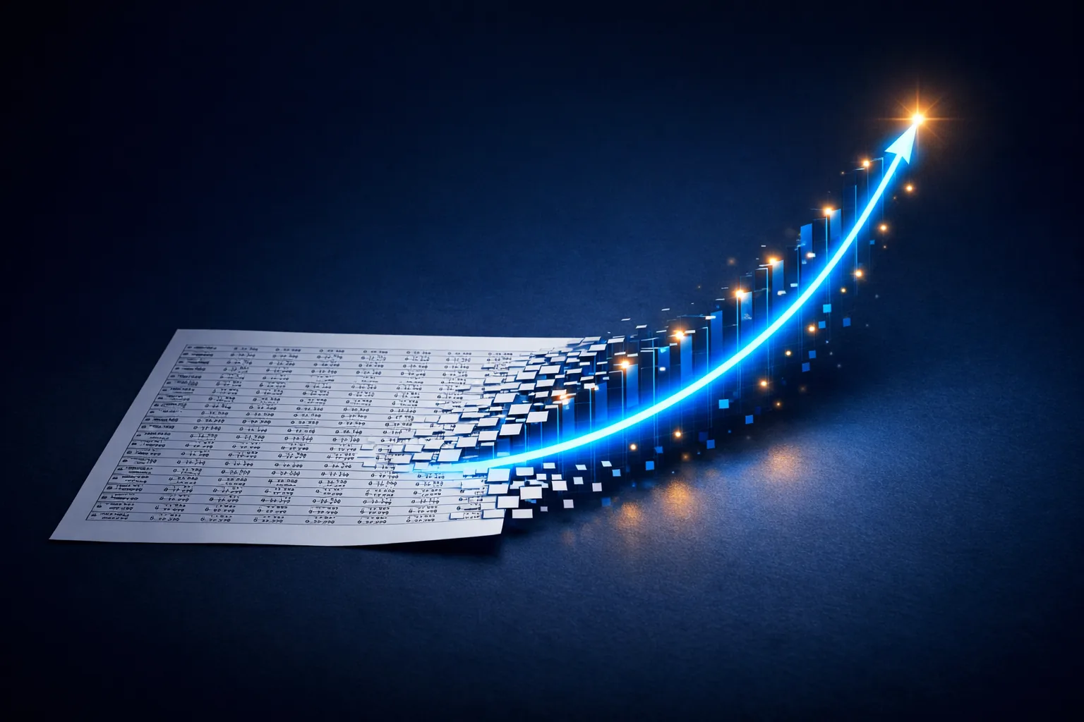 Ein Blatt mit einer Excel-Tabelle voller Zahlen verwandelt sich an seiner Kante in eine leuchtend blaue, nach oben steigende Wachstumskurve mit goldenen Lichtpunkten, dunkler Navy-Hintergrund