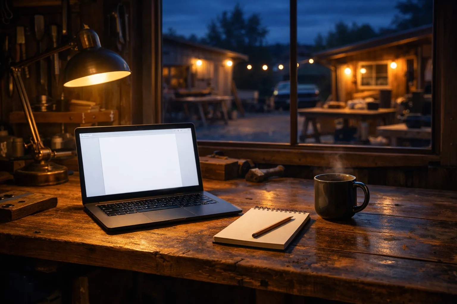 Handwerker im Westerwald am Werkstatt-Schreibtisch nutzt einen Laptop mit KI-Assistent, daneben Notizblock und Kaffeetasse bei warmem Abendlicht