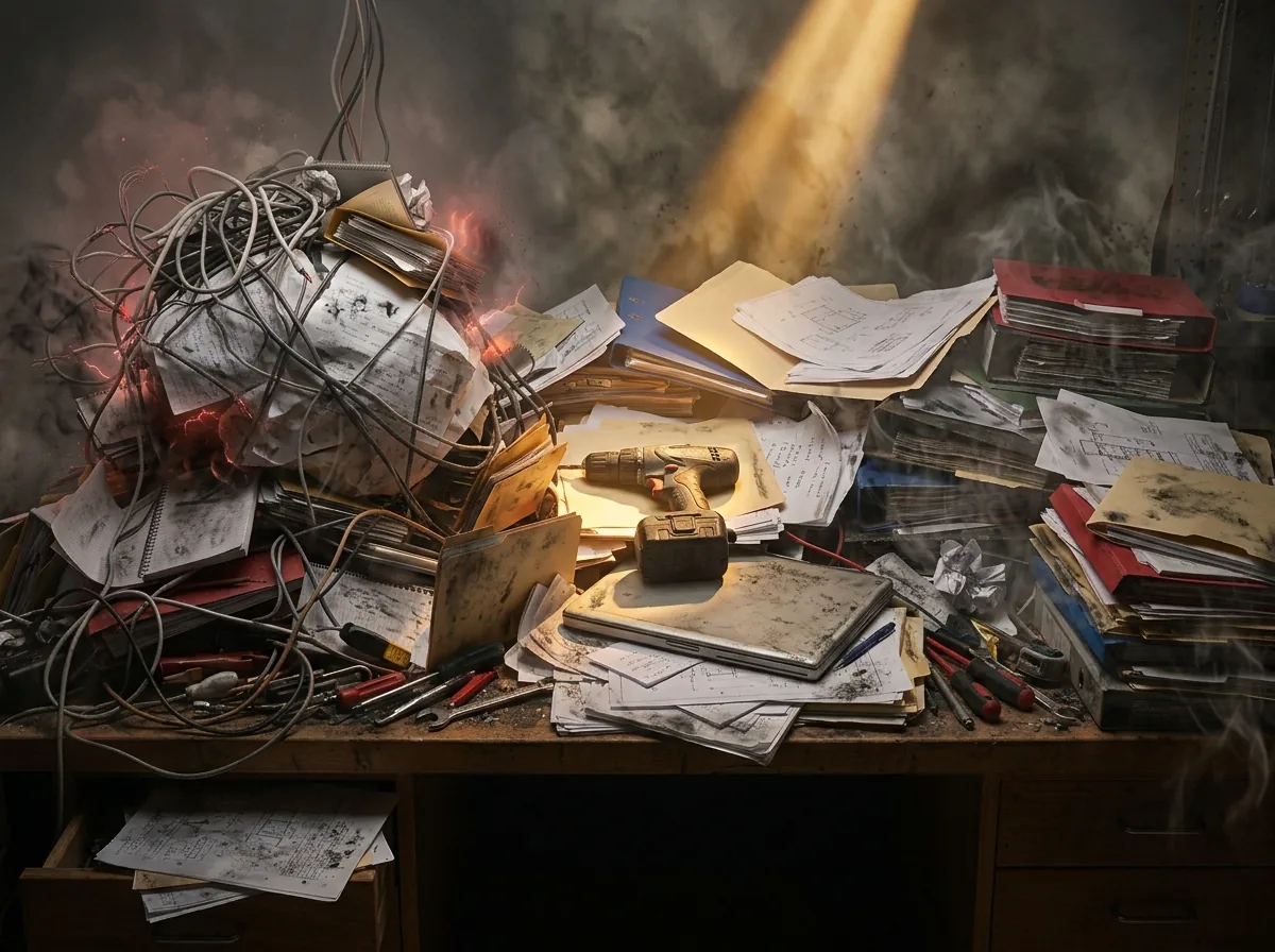 Eine völlig überladene Werkbank voller Kabel, Papierstapel und Aktenordner in rauchig-grauer Atmosphäre